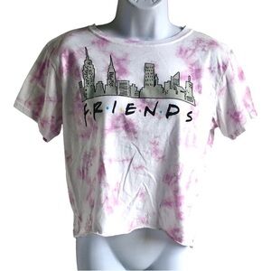 FRIENDS T-Shirt Size L Pink White Tie Dye Cotton Blend Short Sleeve Cropped